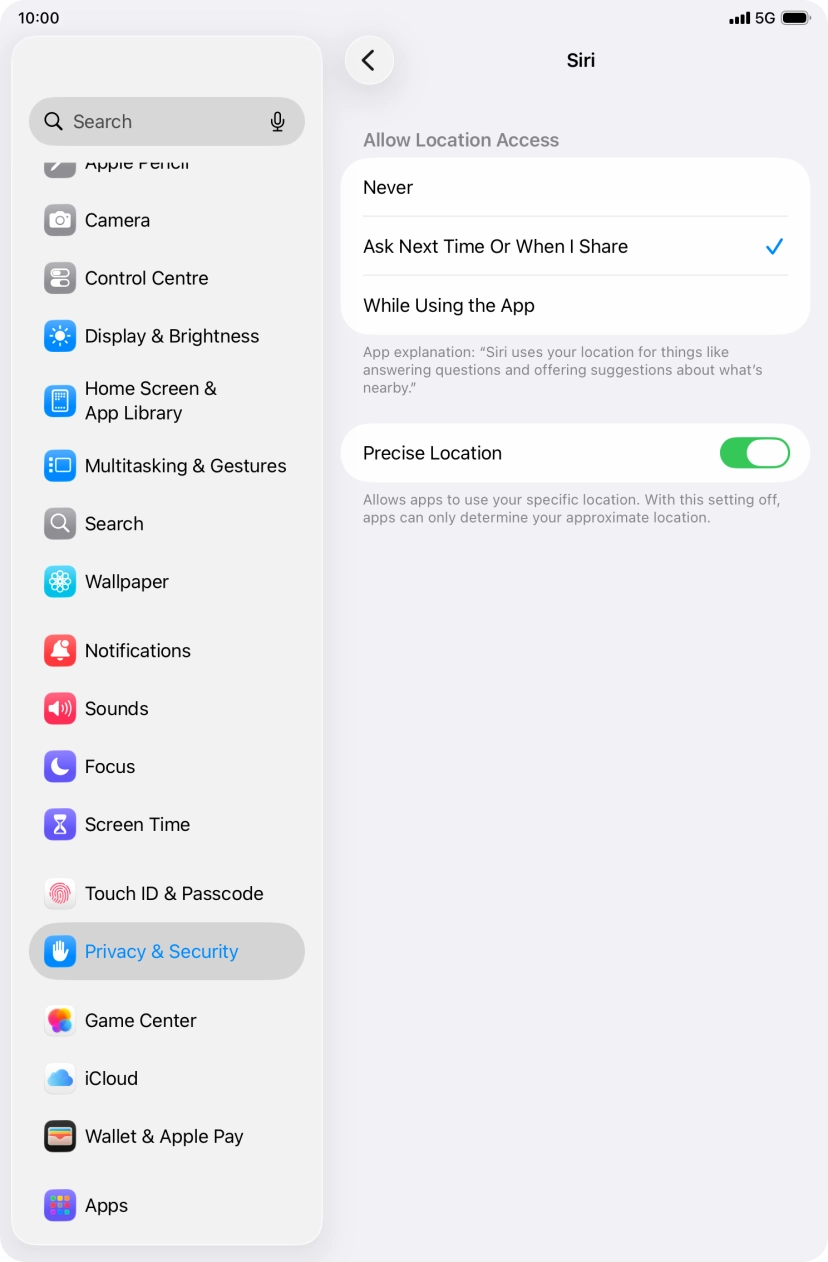 Press the required setting to turn the function on or off.
