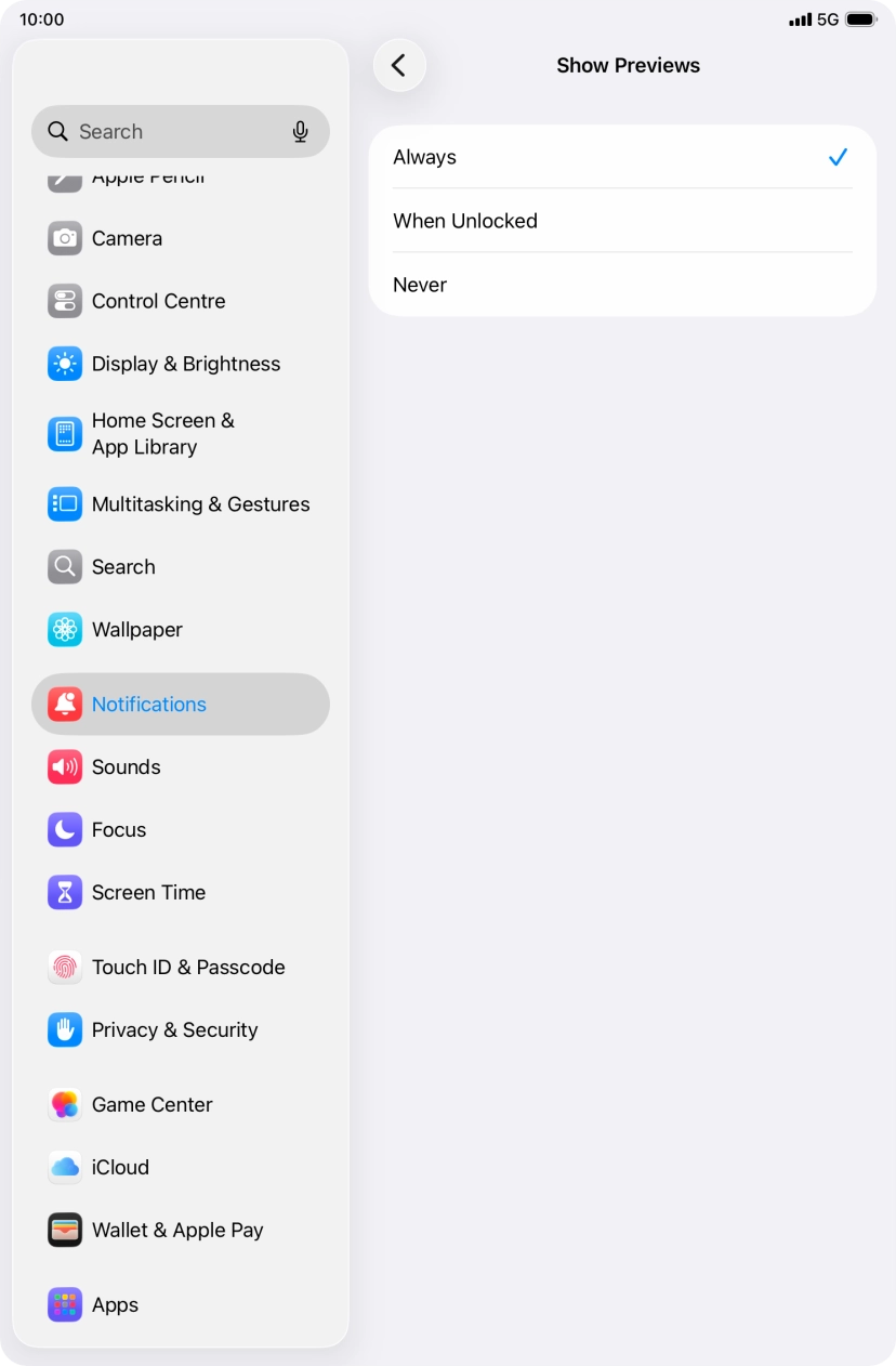 To select push notification preview on the lock screen, press Always.