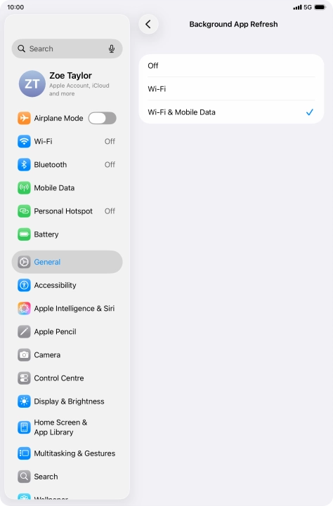To turn off background refresh of apps, press Off. To turn off background refresh of apps, press Off.