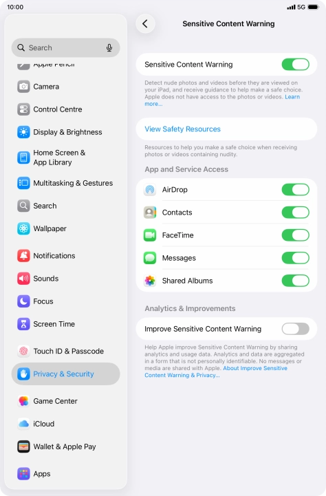 Press the indicators next to the required applications to turn the function on or off. Press the indicators next to the required applications to turn the function on or off.