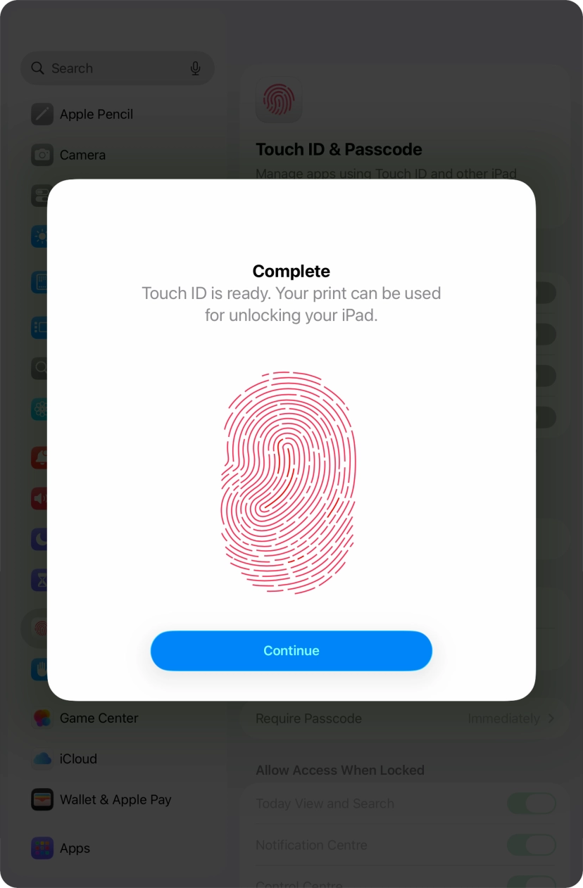 Press Continue. If you haven't previously selected a lock code, key in a code of your own choice twice.