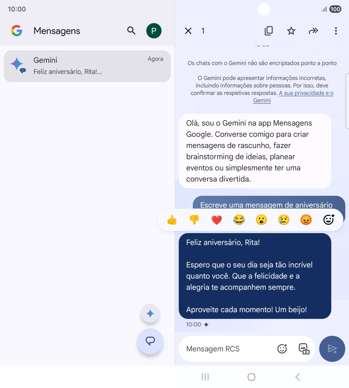 Mantenha premida por um momento a sugestão de texto da Gemini. Siga as indicações no ecrã  para utilizar a sugestão de texto.