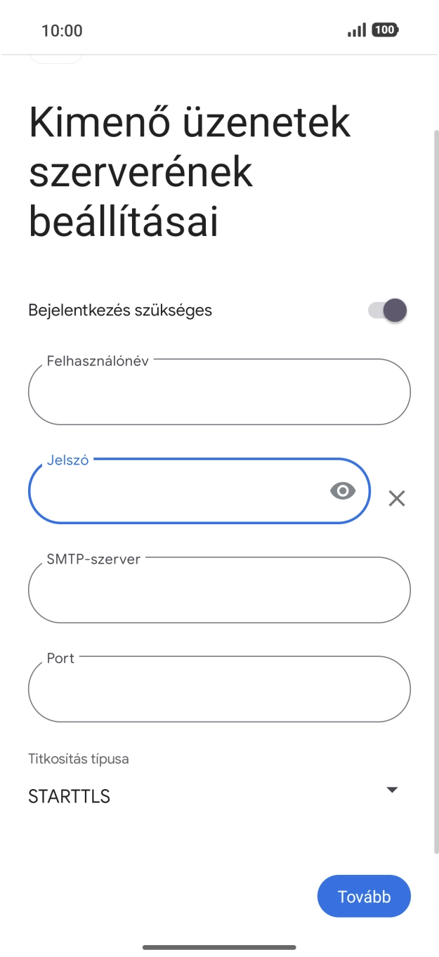 Kattints az „SMTP-szerver” alatti mezőre, és írd be az e-mail szolgáltatód kimenő szerverének a nevét.