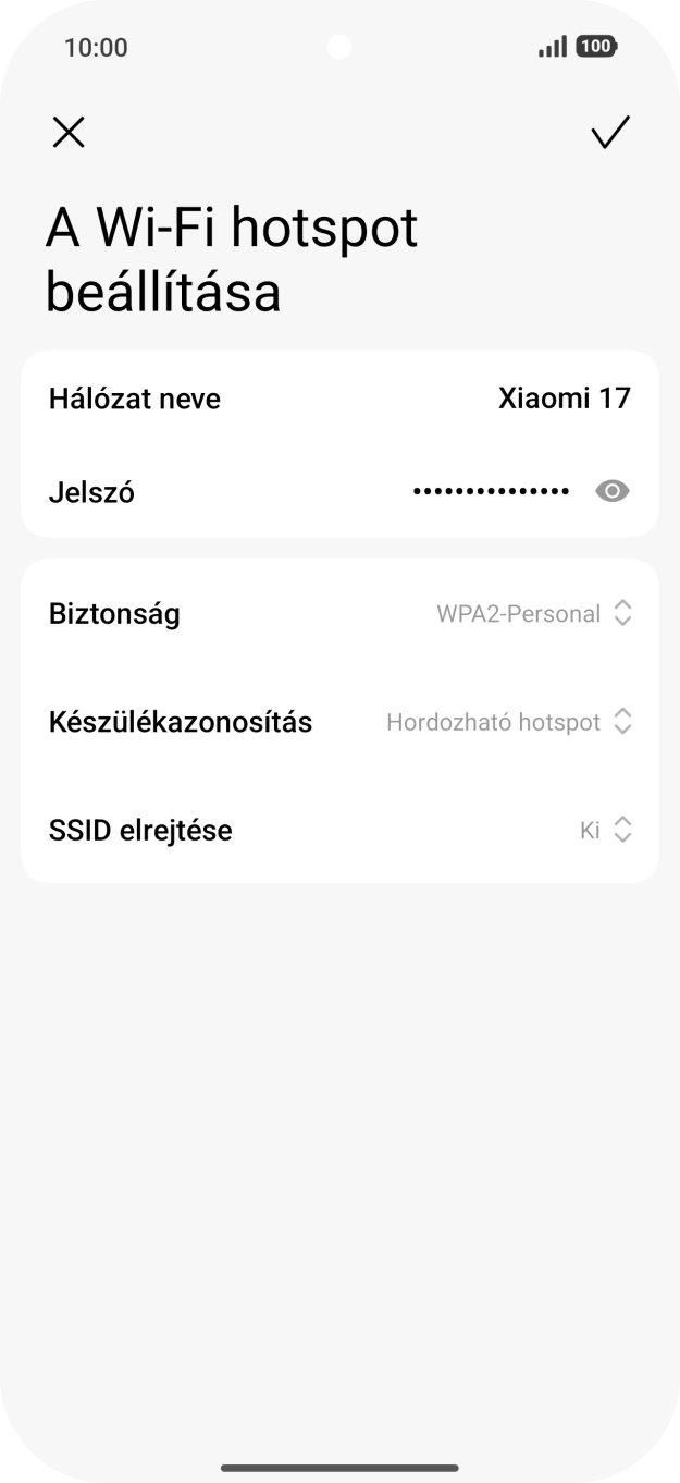 Válaszd a Hálózat neve lehetőséget, és írd be a Wi-Fi-hotspot kívánt nevét.