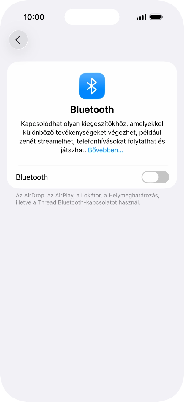 Kattints a „Bluetooth” melletti csúszkára a funkció bekapcsolásához. Kattints a „Bluetooth” melletti csúszkára a funkció bekapcsolásához.