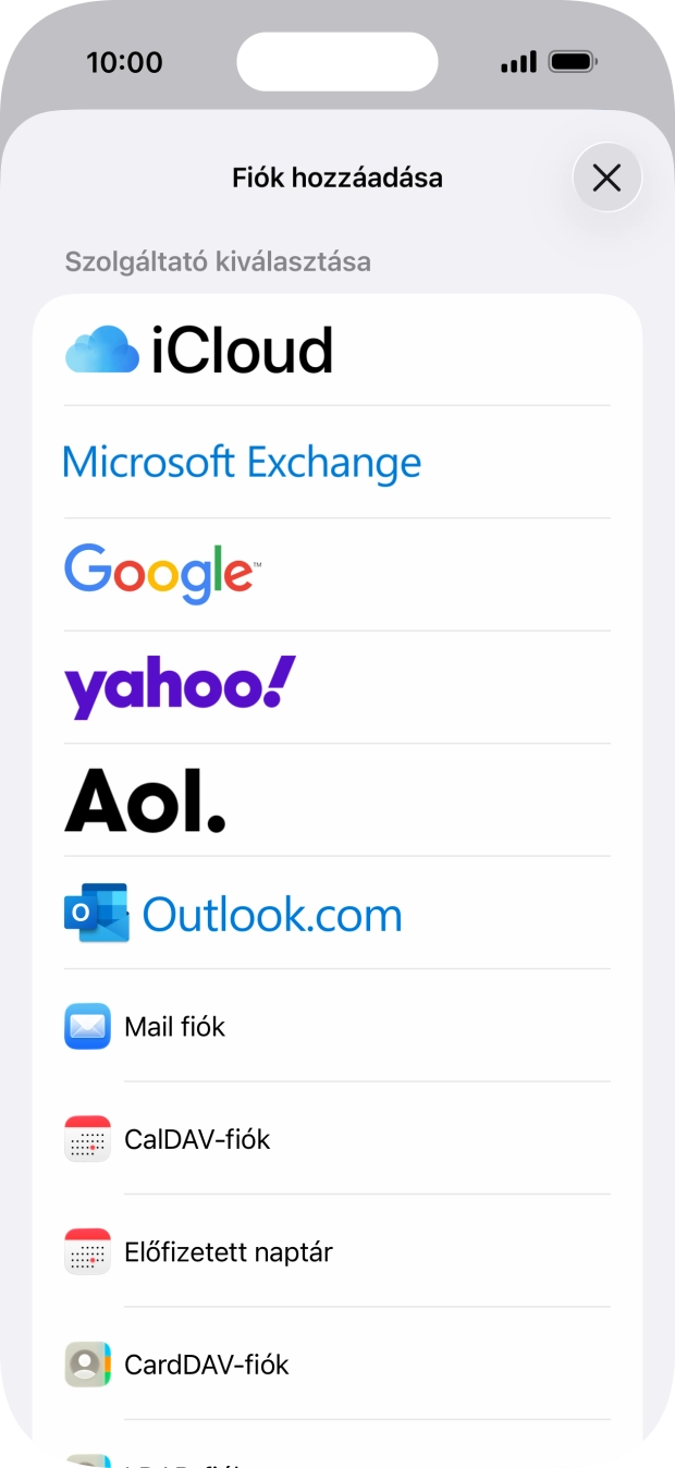 Válaszd a Mail fiók lehetőséget.