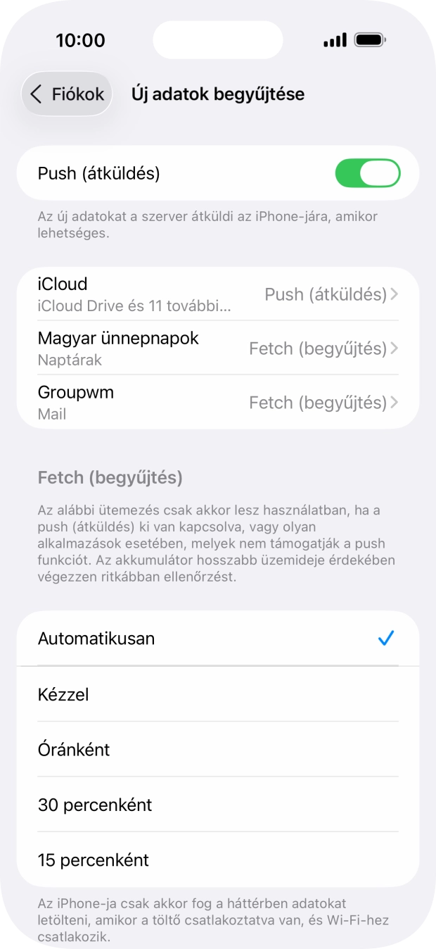 Kattints a „Push (átküldés)” melletti csúszkára a funkció be- vagy kikapcsolásához.