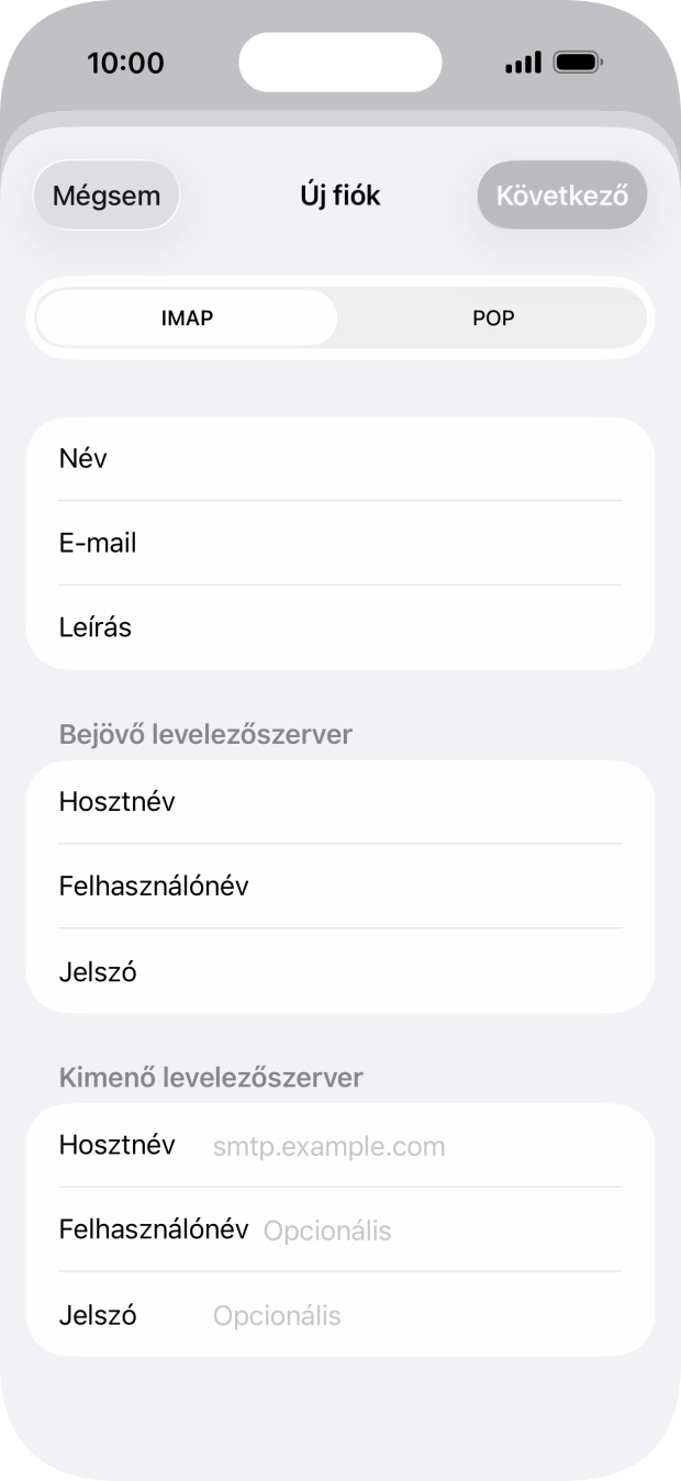 Kattints a Hosztnév mezőre, és írd be az e-mail szolgáltatód kimenő szerverének a nevét.