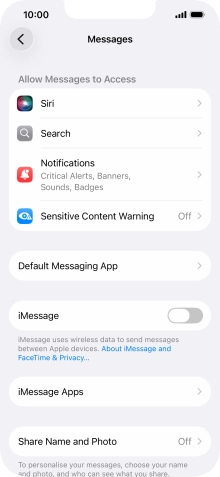 Press the indicator next to 'iMessage' to turn on the function.
