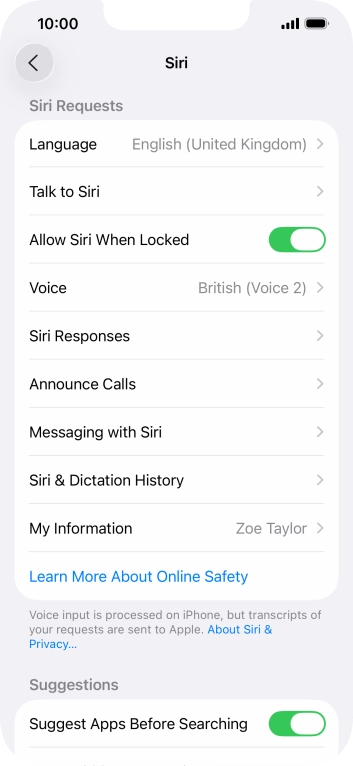 Press the indicator next to 'Allow Siri When Locked' to turn the function on or off.