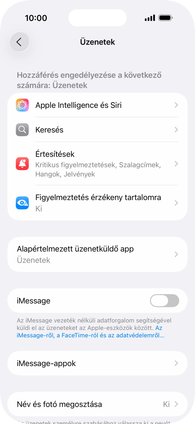Kattints az „iMessage” melletti csúszkára a funkció bekapcsolásához.