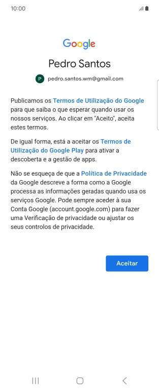 Prima Aceito e siga as indicações no ecrã para escolher as definições da conta Google.