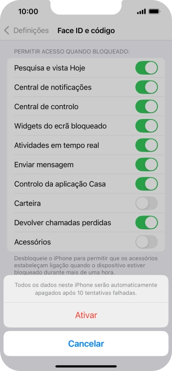 Se ativar a função, prima Ativar.