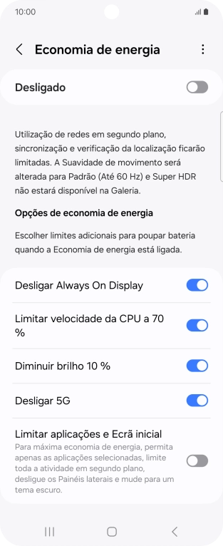 Prima os indicadores junto às definições pretendidas para as ativar ou desativar.