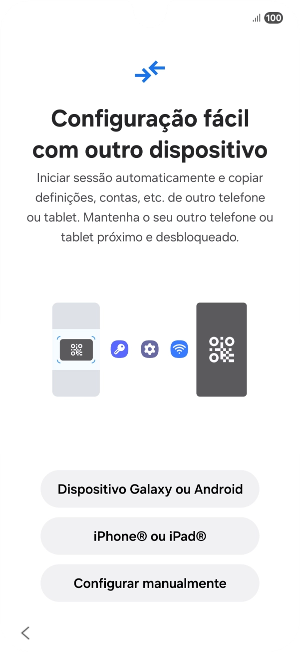 Prima a definição pretendida para transferir conteúdo de outro dispositivo ou prima Configurar manualmente.
