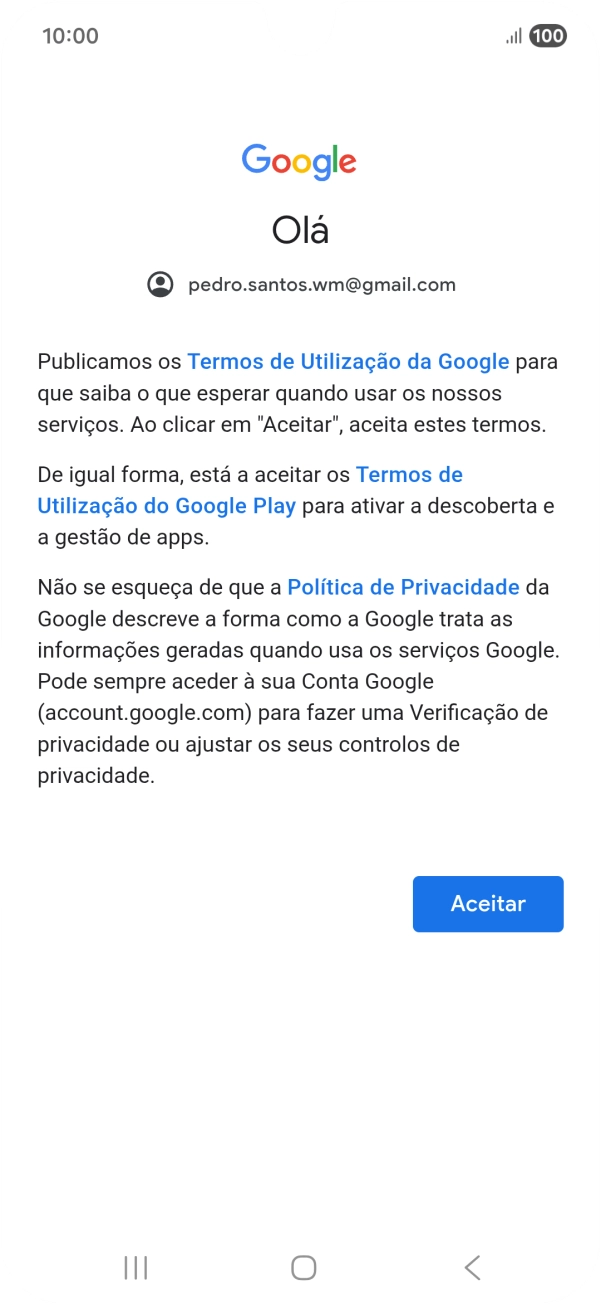 Prima Aceitar e siga as indicações no ecrã para escolher as definições da conta Google.