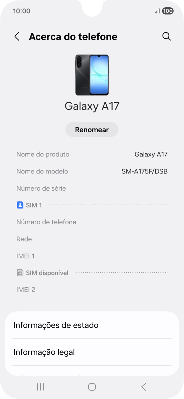 O código IMEI é mostrado no ecrã.