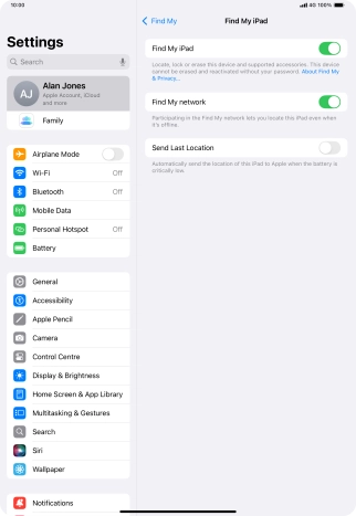 Press the indicator next to 'Find My network' to turn the function on or off. If you turn on the function, you need to follow the instructions on the screen to finish the activation.
