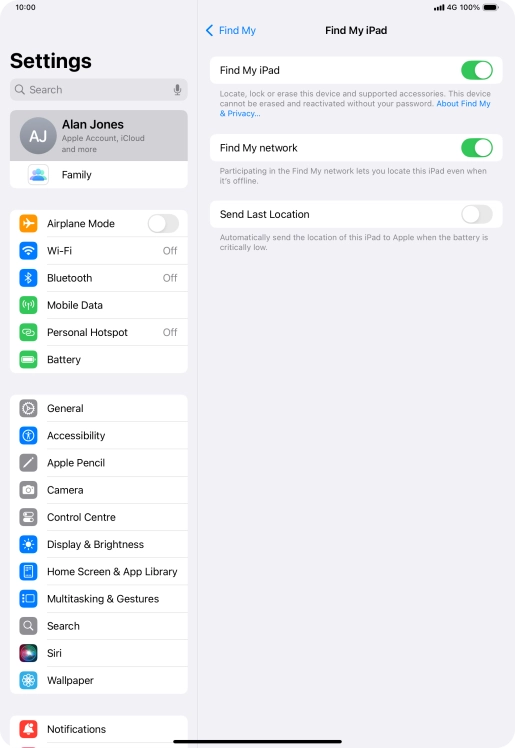 Press the indicator next to 'Find My network' to turn the function on or off. If you turn on the function, you need to follow the instructions on the screen to finish the activation.