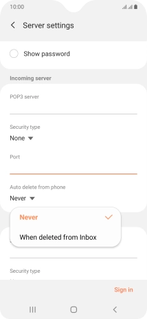 Press Never to keep emails on the server when you delete them on your phone.