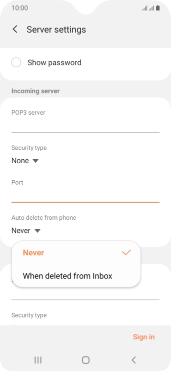 Press Never to keep emails on the server when you delete them on your phone.