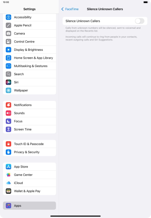 Press the indicator next to 'Silence Unknown Callers' to turn the function on or off.