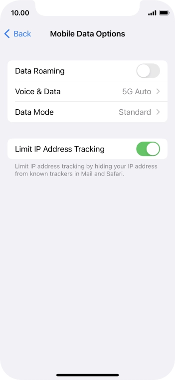 Press the indicator next to 'Data Roaming' to turn the function on or off.