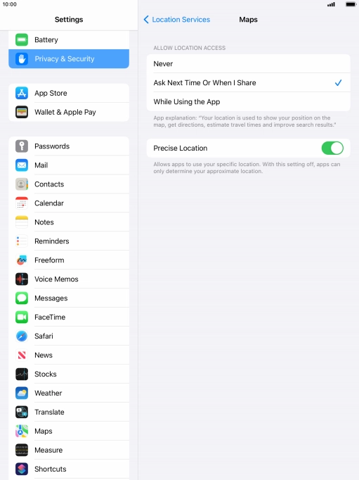 Press the required setting to turn the function on or off.