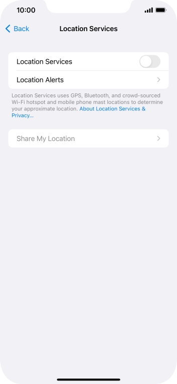 Press the indicator next to 'Location Services' to turn the function on or off.