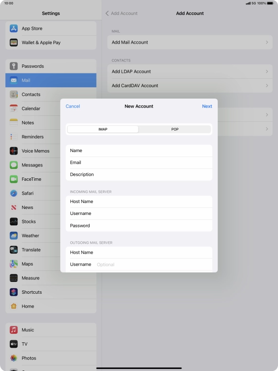 Press Username and key in the username for your email account.
