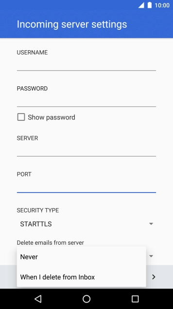 Press Never to keep emails on the server when you delete them on your phone.