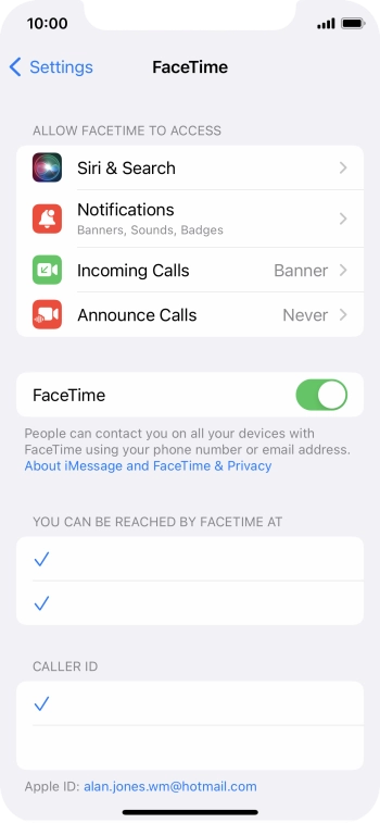 Press the indicator next to 'FaceTime' to turn the function on or off. Press the indicator next to 'FaceTime' to turn the function on or off.