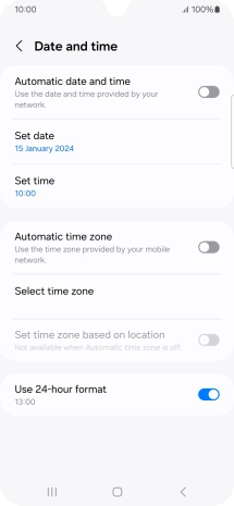 Press the indicator next to 'Automatic date and time' to turn on the function.