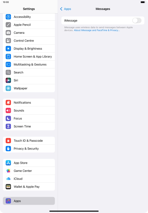 Press the indicator next to 'iMessage' to turn on the function.