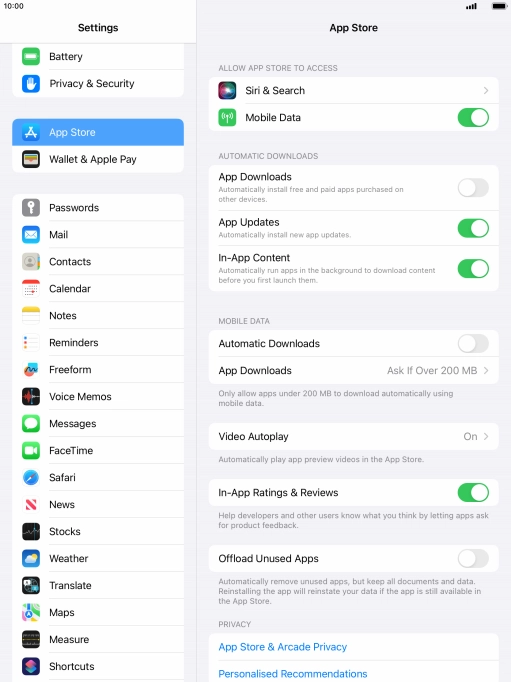 Press the indicators next to the required content types to turn the function on or off.
