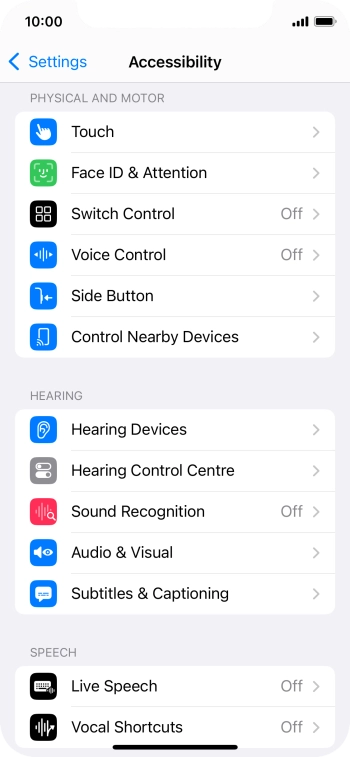 Press the required category below 'PHYSICAL AND MOTOR' and follow the instructions on the screen to select the required settings.
