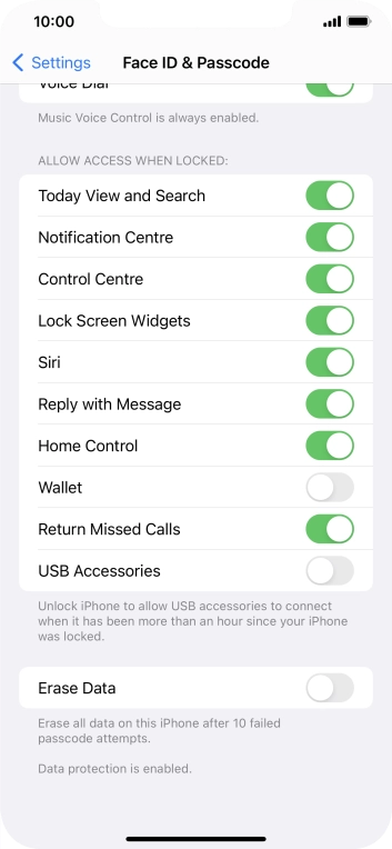Press the indicator next to 'Erase Data' to turn the function on or off.