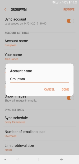 Key in the required name for the email account and press DONE.