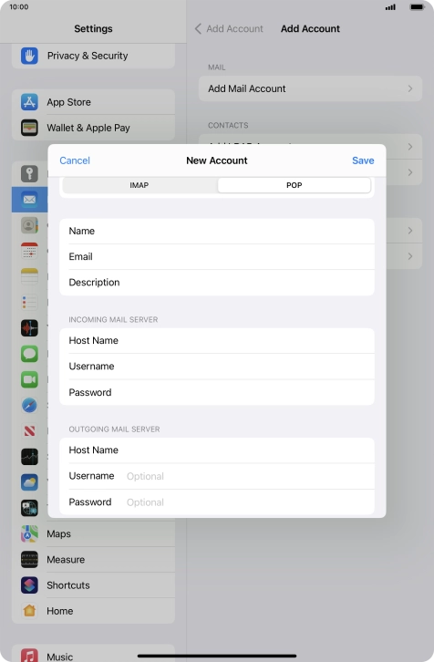 Press Username and key in the username for your email account.