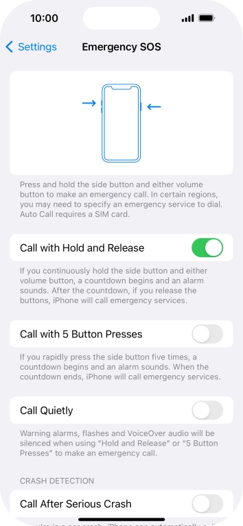 Press the indicator next to 'Call After Serious Crash' to turn on the function.