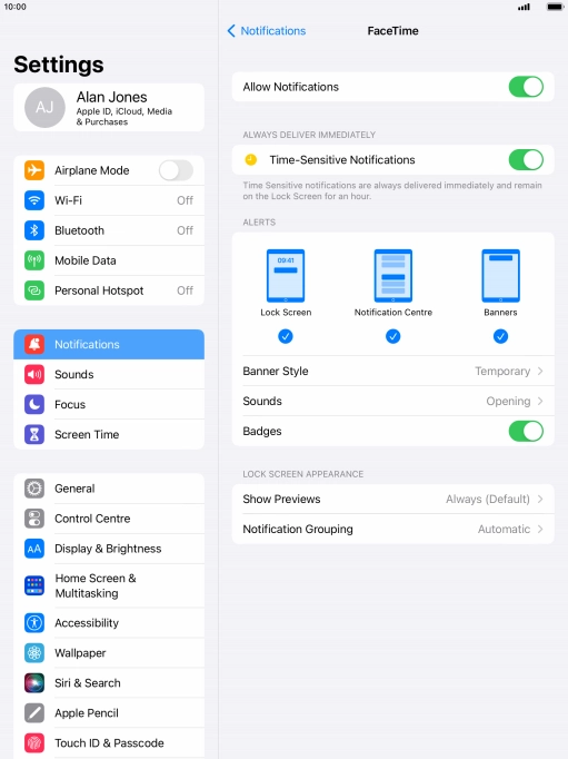 Press the indicator next to 'Allow Notifications' to turn notifications for the selected application on or off.
