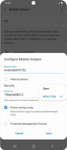 Press WPA2 PSK to password protect your WiFi hotspot.