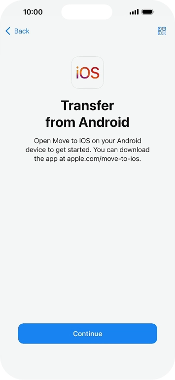 To transfer content to your phone, you need to install the app 'Move to iOS' on the Android phone. When the app is installed, press Continue.