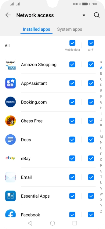 Press the field next to the application name in the 'Mobile data' column to turn the function on or off.