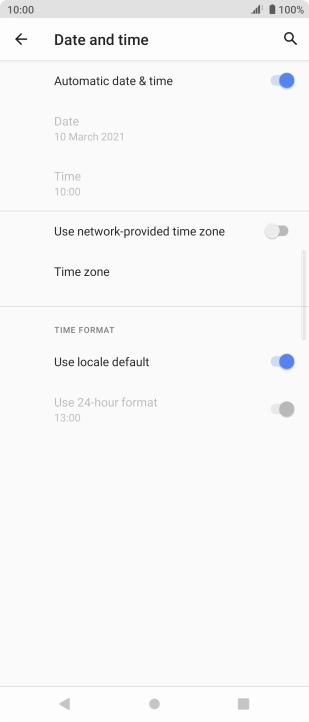 Press the indicator next to 'Use network-provided time zone' to turn on the function.