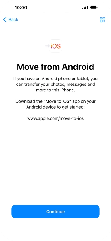To transfer content to your phone, you need to install the app 'Move to iOS' on the Android phone. When the app is installed, press Continue.
