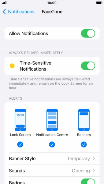 Press the indicator next to 'Allow Notifications' to turn notifications for the selected application on or off.