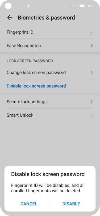 Key in the additional phone lock code you created earlier and press DISABLE.