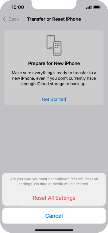 Press Reset All Settings. Wait a moment while the factory settings are restored. Follow the instructions on the screen to set up your phone and prepare it for use.