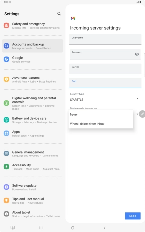 Press Never to keep emails on the server when you delete them on your tablet.